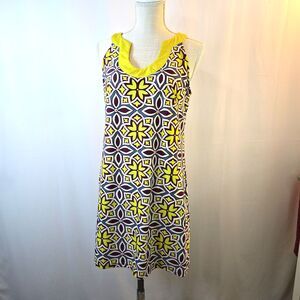 Aryeh Summer Geometric Print Sleeveless Dress Sz M Lime Purple U-Neckline Nylon